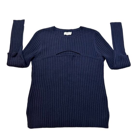 Frame Overlap Ribbed Sweater Blue Merino Wool Cutout Long Sleeve, Size Medium - Picture 5 of 8